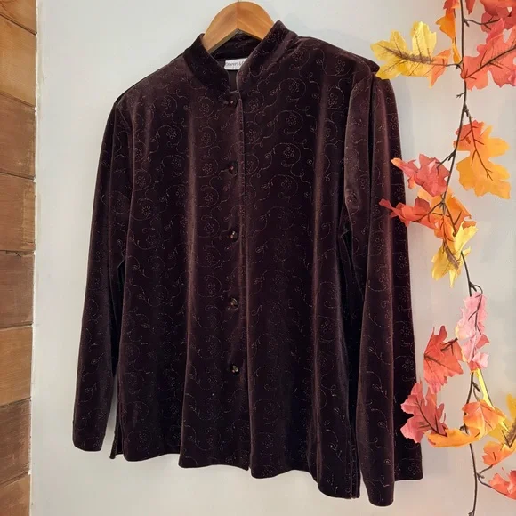 Draper’s & Damon's Vintage Brown Velvet Floral Glitter Button Down Shirt Size S - Picture 10 of 11
